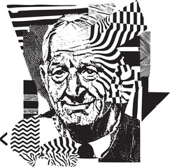 A grayscale portrait of an elderly man is layered with geometric and abstract shapes.