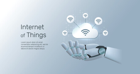 Internet of things abstract concept, IoT Cloud in AI humanoid hand, Artificial Intelligence (AI) technology innovation background.