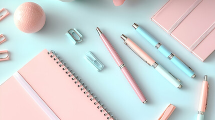 Pastel Pink and Blue Stationery Flatlay on Light Blue Background