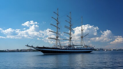 Large white sailboat with a black hull on a