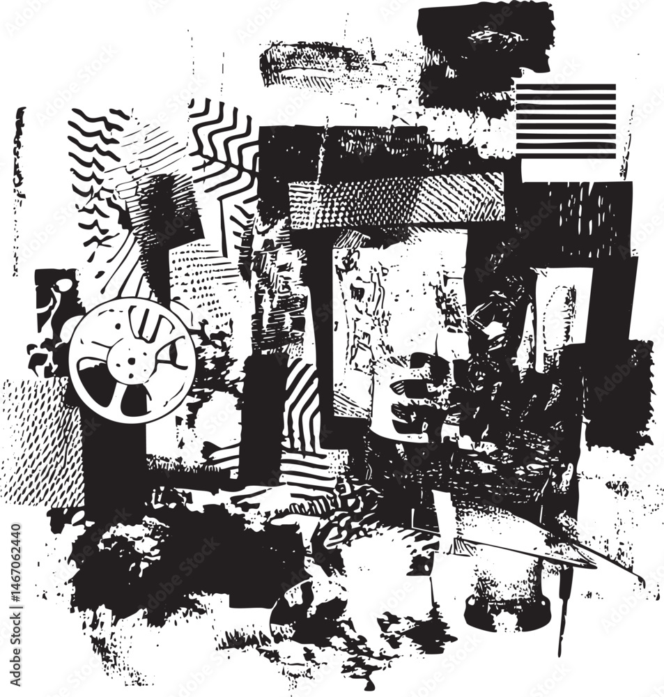 Poster a textured black and white abstract composition features layered shapes and forms.