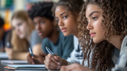 Focused Students Studying in Classroom Diverse Group