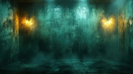 Fototapeta premium Grungy teal interior with spotlights and fog