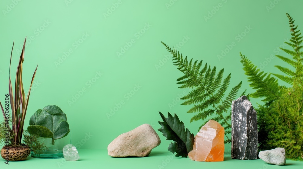 Poster botanical and geological objects artistically placed on soft green backdrop, minimal style