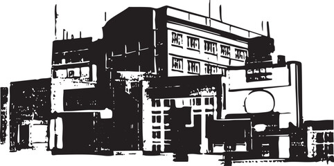 Obraz premium A stark monochrome building dominates a cityscape silhouette.