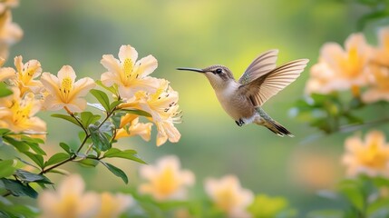 Fototapeta premium Hummingbird in flight, feeding on blossoms, garden setting, soft focus background