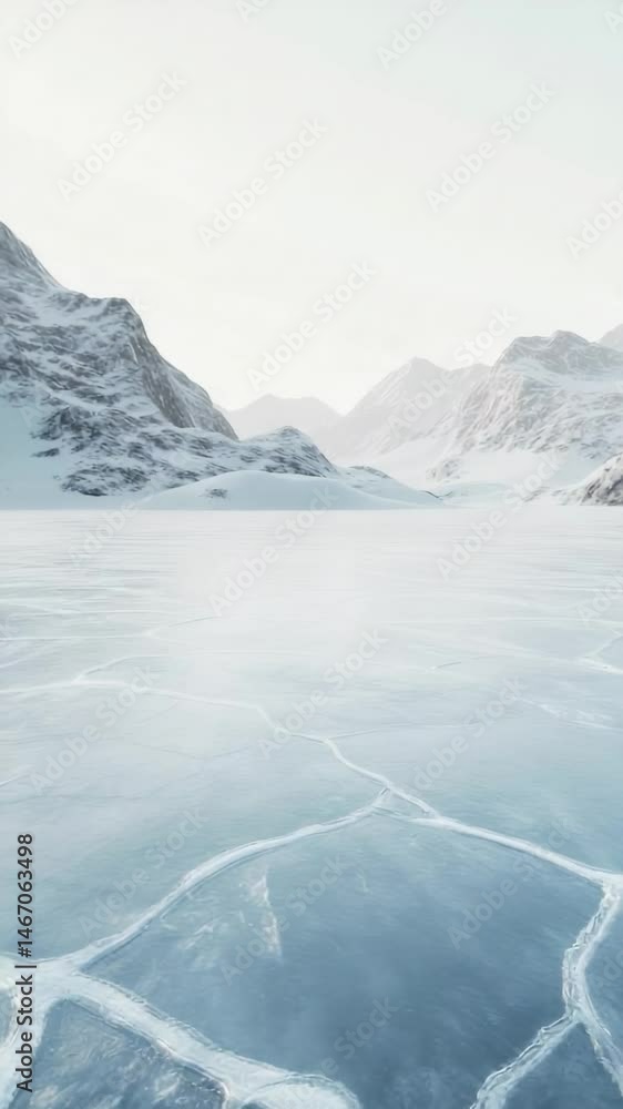 Poster frozen lake surface with cracks reflecting snow capped mountains, creating a serene and breathtaking