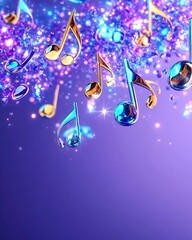 Shimmering musical notes cascade against a vibrant purple backdrop, adorned with sparkling lights and iridescent particles