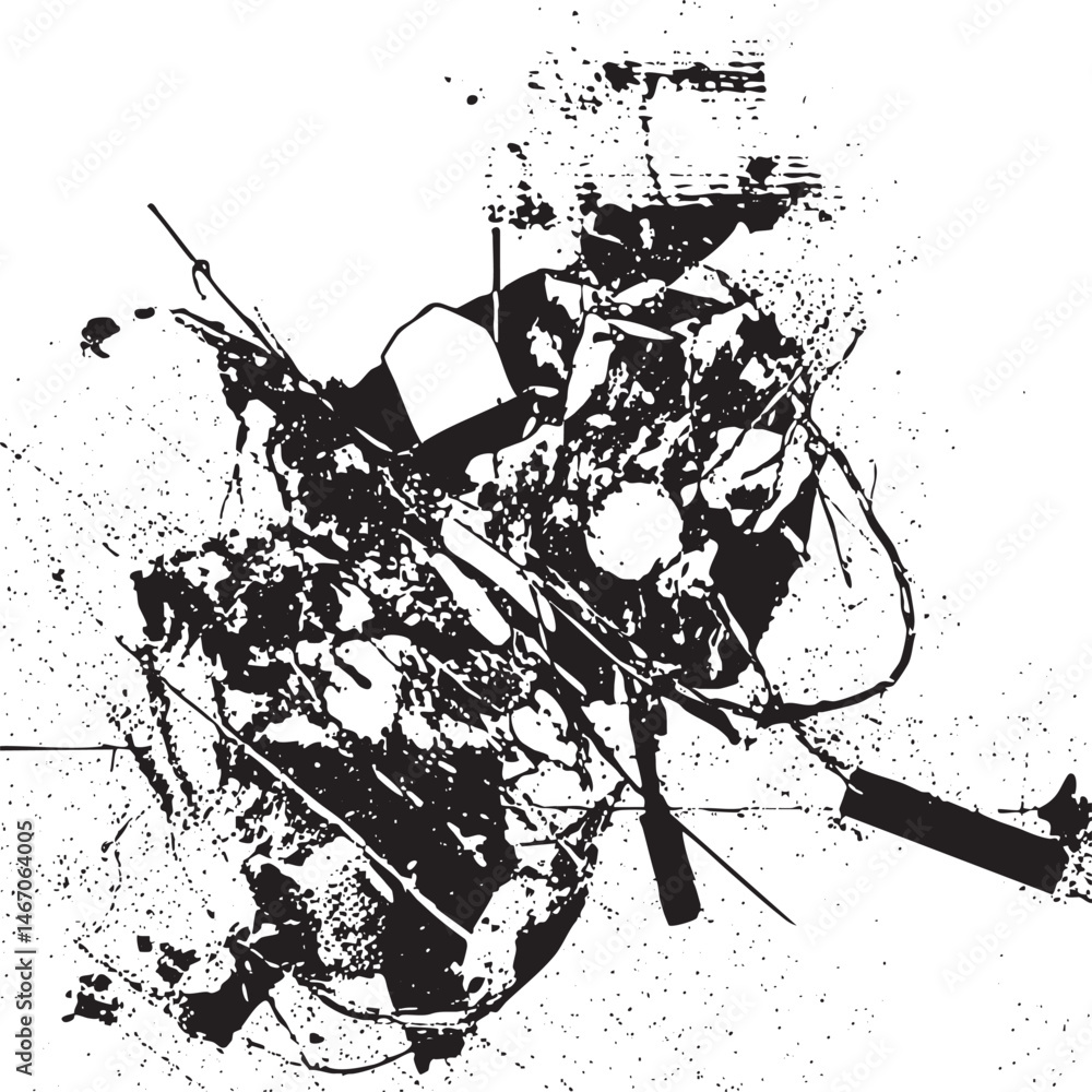 Poster abstract black and white shapes overlap and intertwine on a textured surface.