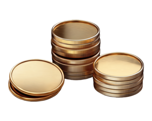 Stacks of gold metal coins arranged in random order on transparent background