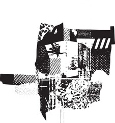 Obraz premium Fragmented black and white geometric shapes overlap creating a dynamic composition.