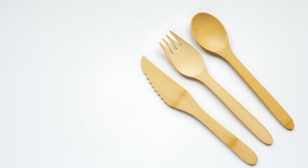Wooden cutlery set spoon fork knife eco friendly tableware kitchen utensils sustainable dining zero waste on transparent background