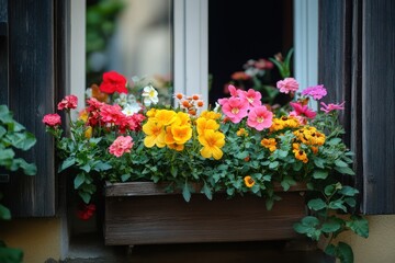 Colorful flowers in window box on building facade