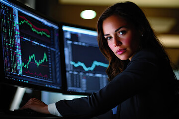 Businesswoman Analyzing Stock Market Charts at Moody Lighting