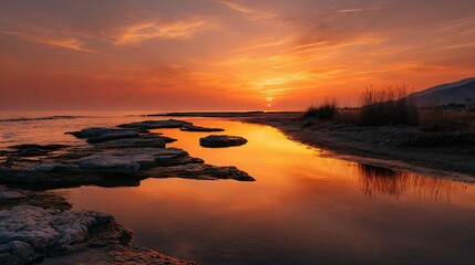 Fototapeta premium The sea turning golden orange as the sun sets, with the sky filled with warm, vibrant colors and the water reflecting the beautiful scene