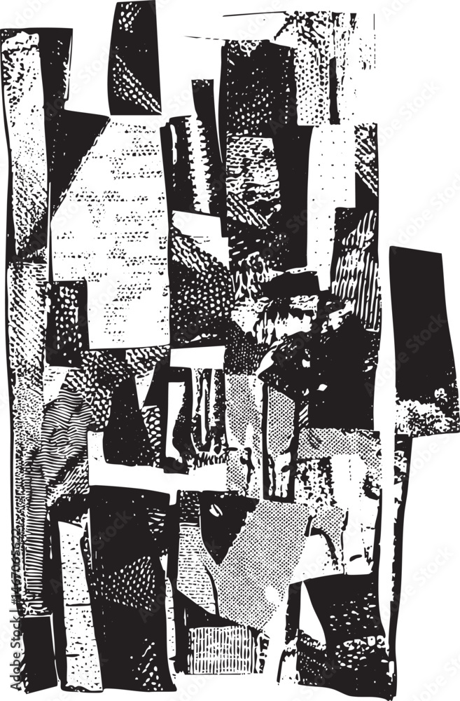 Poster abstract geometric shapes form a dynamic composition of overlapping black and white forms.