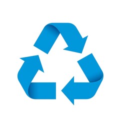 Blue recycling symbol with arrows pointing clockwise isolated on white background