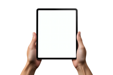 Hands holding a vertical tablet mockup with blank white screen on transparent background