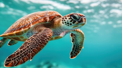 Fototapeta premium A sea turtle gracefully swims underwater in clear, blue ocean waters.