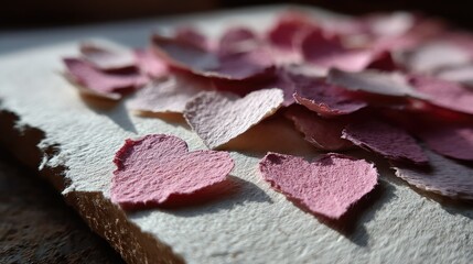 Torn edges and hand-cut pink hearts layered on handmade recycled paper, giving a personal and rustic feeling