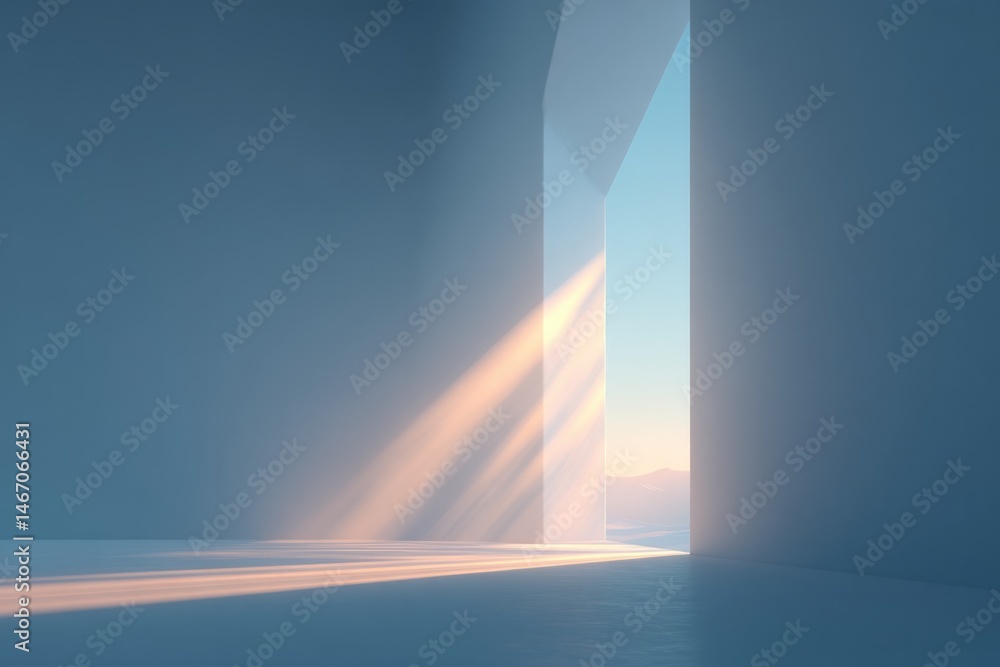 Poster clean minimalistic 3d gaming scene in bright open room with abundant natural light and ample copy sp