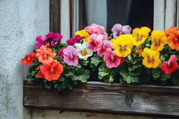 Colorful geranium flowers in wooden window planter close-up