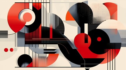 Abstract Geometric Composition in Red Black and White