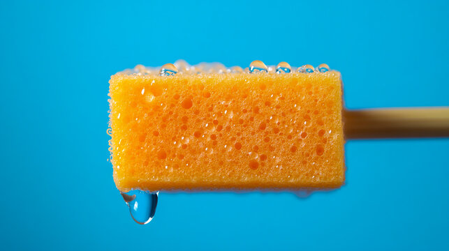A close-up of an orange sponge on the end of a wooden rod, with water droplets visible and a blue background, emphasizing its texture and softness for cleaning