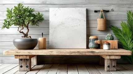 Decorative display on wooden bench with plants and accessories