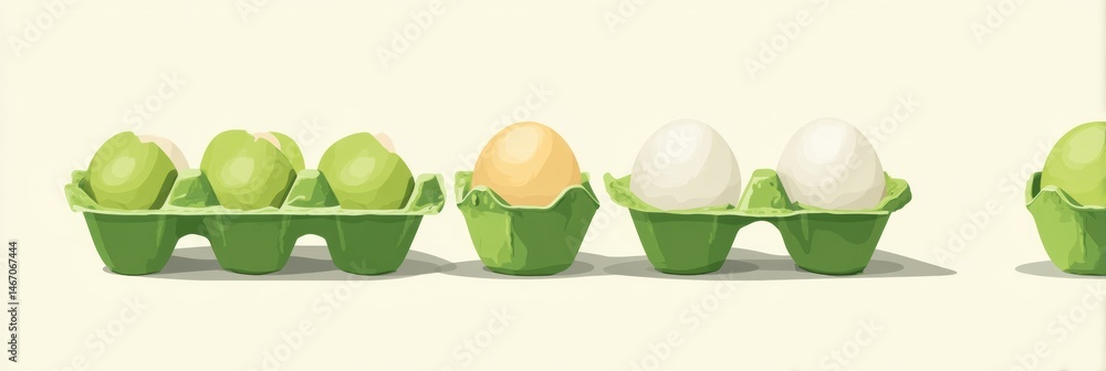 Poster eggs displayed in green eco-friendly packaging with varying colors and textures generative ai