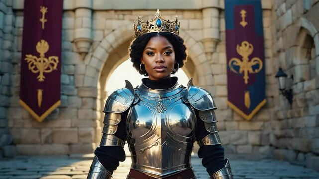 A confident black queen in polished steel armor stands before a stone fortress archway. Concept of female power, royalty and fearless leadership