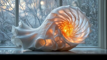 Stunning nautilus shell sculpture illuminated softly by warm light, showcasing intricate patterns and delicate textures against a frosty window backdrop
