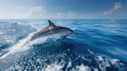 Fototapeta premium Wide-angle view of a striped dolphin breach over a brilliant blue ocean, isolated in motion