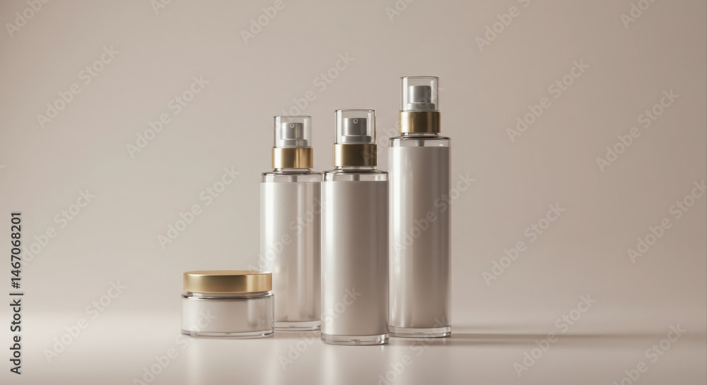 Poster empty cosmetic containers with gold caps in a studio setting. product mockups of different sizes and