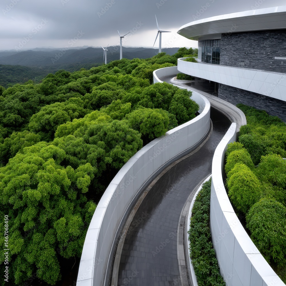 Poster A winding path with a white wall and a row of trees