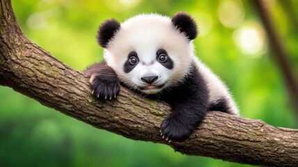 Obraz premium Adorable Panda Cub on a Branch