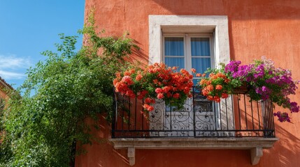 Fototapeta premium Window in a terracotta building above a flower-filled balcony with colorful blooms against a clear blue sky