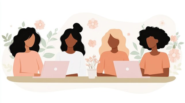 Diverse female colleagues working online with laptops against a floral backdrop creating a friendly and productive working atmosphere
