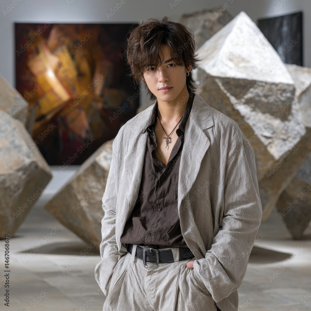 Poster a man in a striped jacket stands in front of a large sculpture