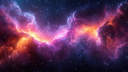 Fototapeta premium A breathtaking view of a colorful nebula in deep space showcasing vibrant hues of purple, orange, and blue against a backdrop of twinkling stars.