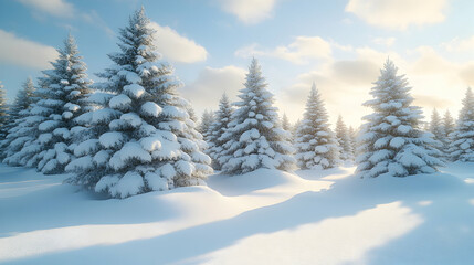 Fototapeta premium Sunlit snow-covered evergreen forest scene