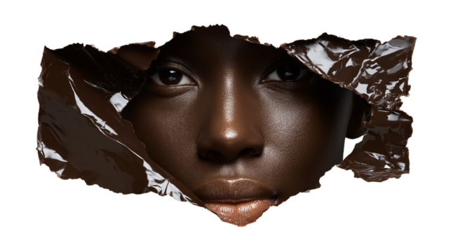 person looking through torn surface isolated on white background