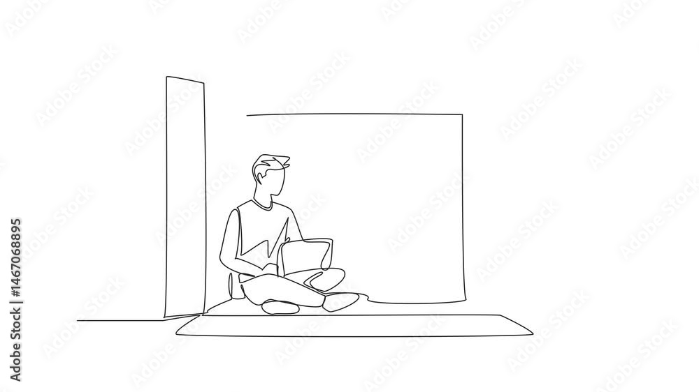 Poster animation of single continuous line drawing of young man writing on laptop, inside big paper carton 