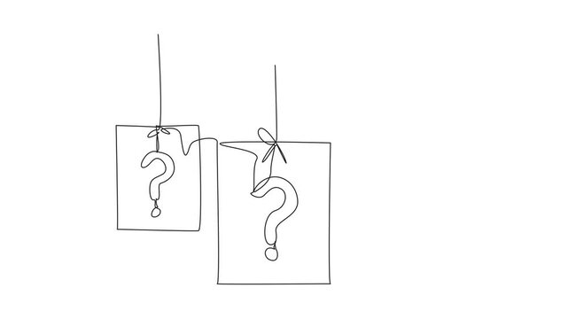 Animation of single continuous line drawing of question mark sign on paper posters hanging with rope. National Trivia Day. Continuous line self drawing animated. Full length motion
