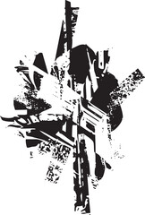 Fototapeta premium A fragmented textured silhouette of a building emerges from a chaotic black and white composition.