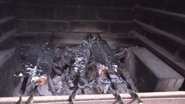 lula kebabs grilling on metal skewers, rotating for uniform browning over high heat, releasing savory aromas