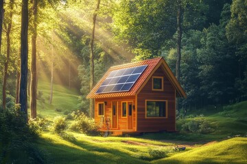 Fototapeta premium Rustic cabin nestled within a sunlit forest glade.