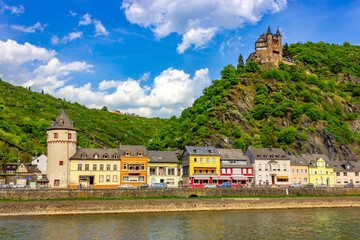 Burg Katz (cat castle) and colorful houses along the Rhine in St. Goarshausen, Germany