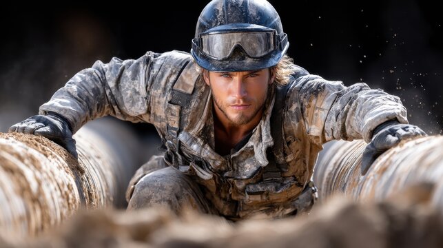 A man in a military uniform is climbing a pipe
