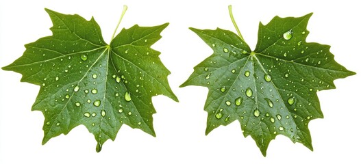 Two vibrant green maple leaves, covered in water droplets